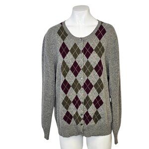 Tweeds Womens 100% Cashmere, 2Ply, Argyle Print, Button Front Cardigan, Size XL